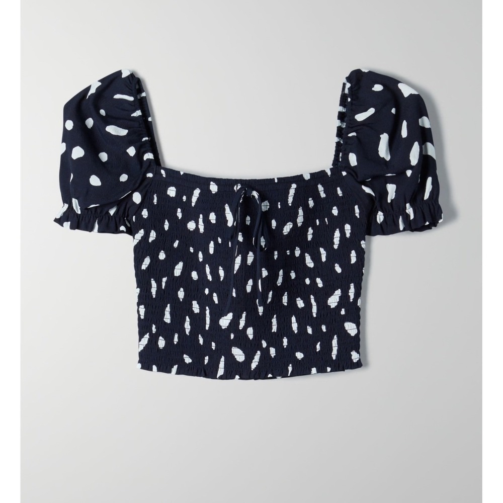 Wilfred Aritzia Smocked Puff Sleeve Crop Top Black White Dot Size Medium Women's